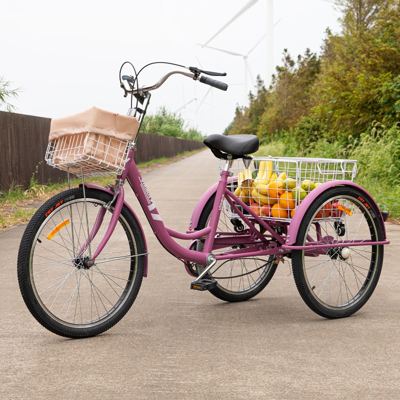 24"/26" Adult Tricycle Trike w/ 2 Big Cargo Baskets Three Wh