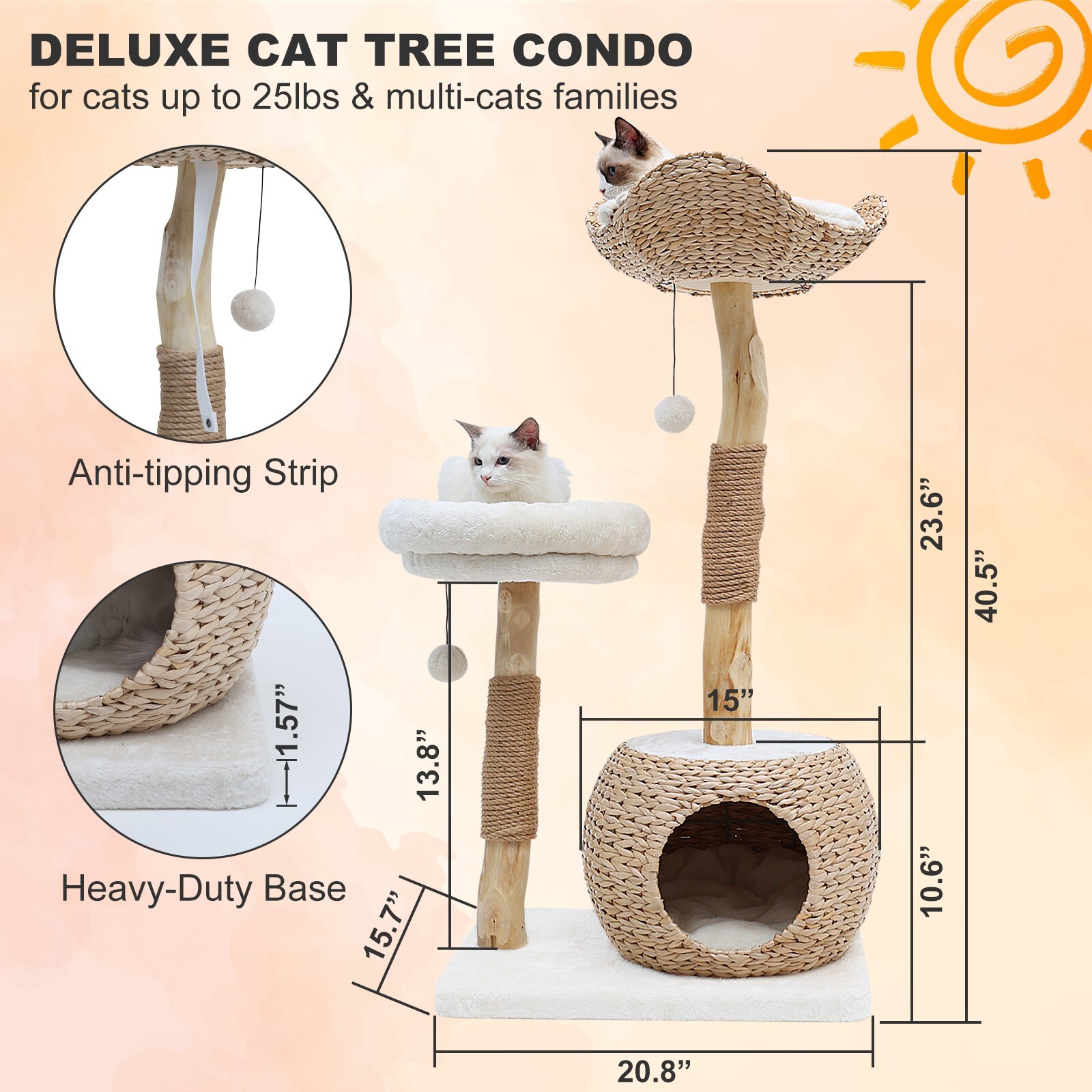 ZEOPHOL 41" Cat Tree Tower Natural Branch Scratching Post Cat Condo 2 Platforms