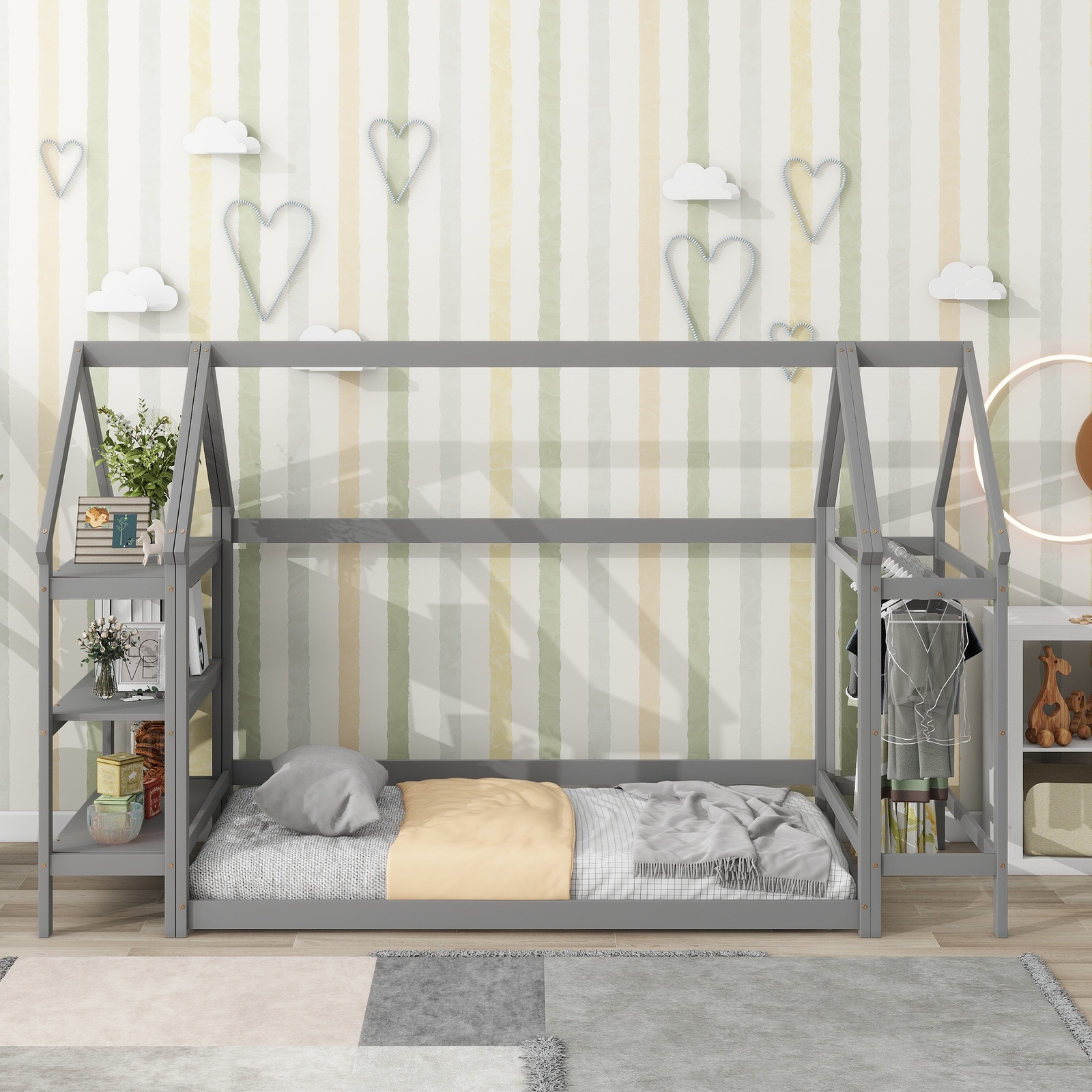House shaped floor standing bed with 2 detachable brackets gray double bed frame