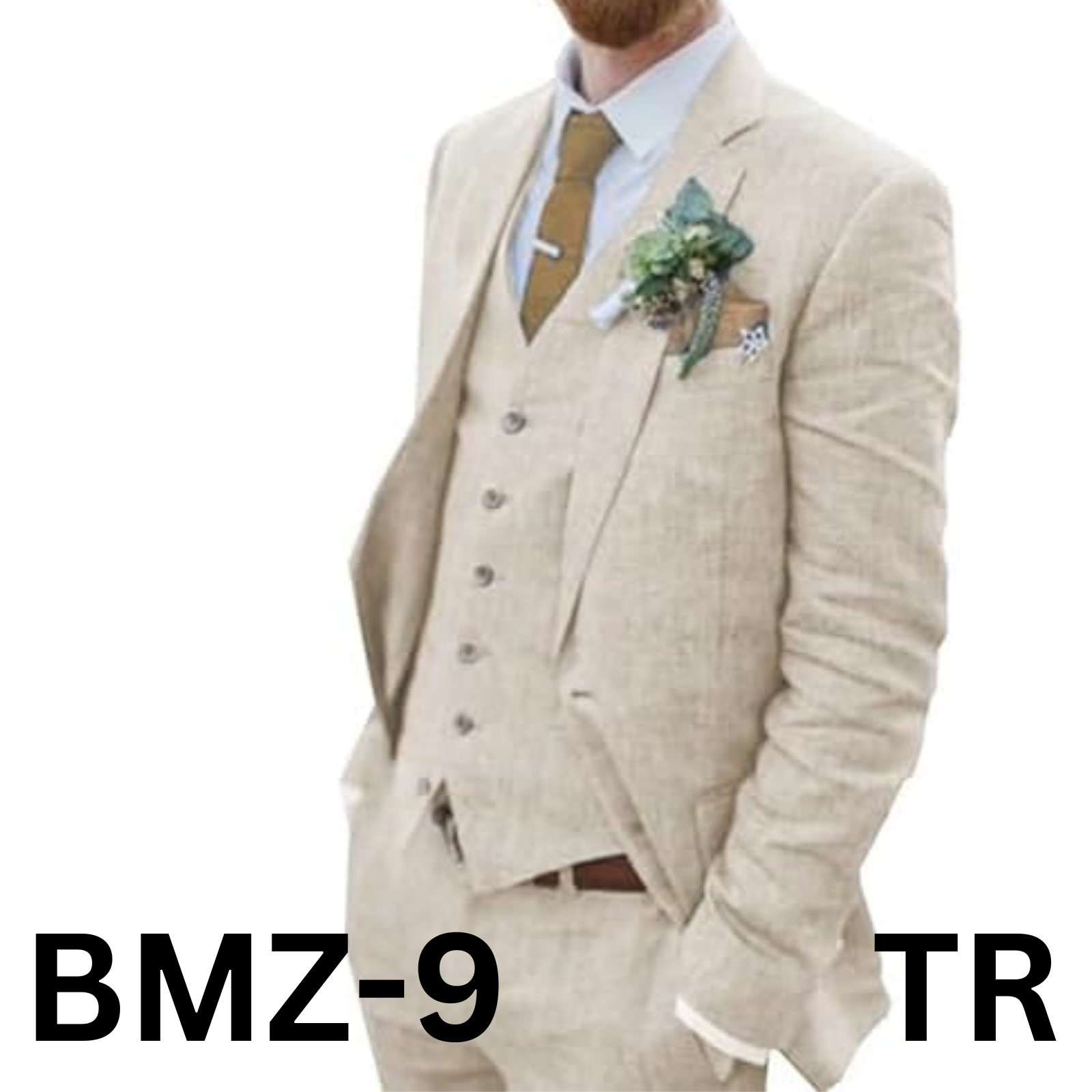 Wehilion Retro Beige Linen Men Suit Notched Lapel Slim Fit Wedding Suit, S