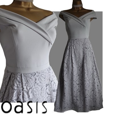 Oasis dress size 10 silver fit & flare lace midi wedding christening races NWT