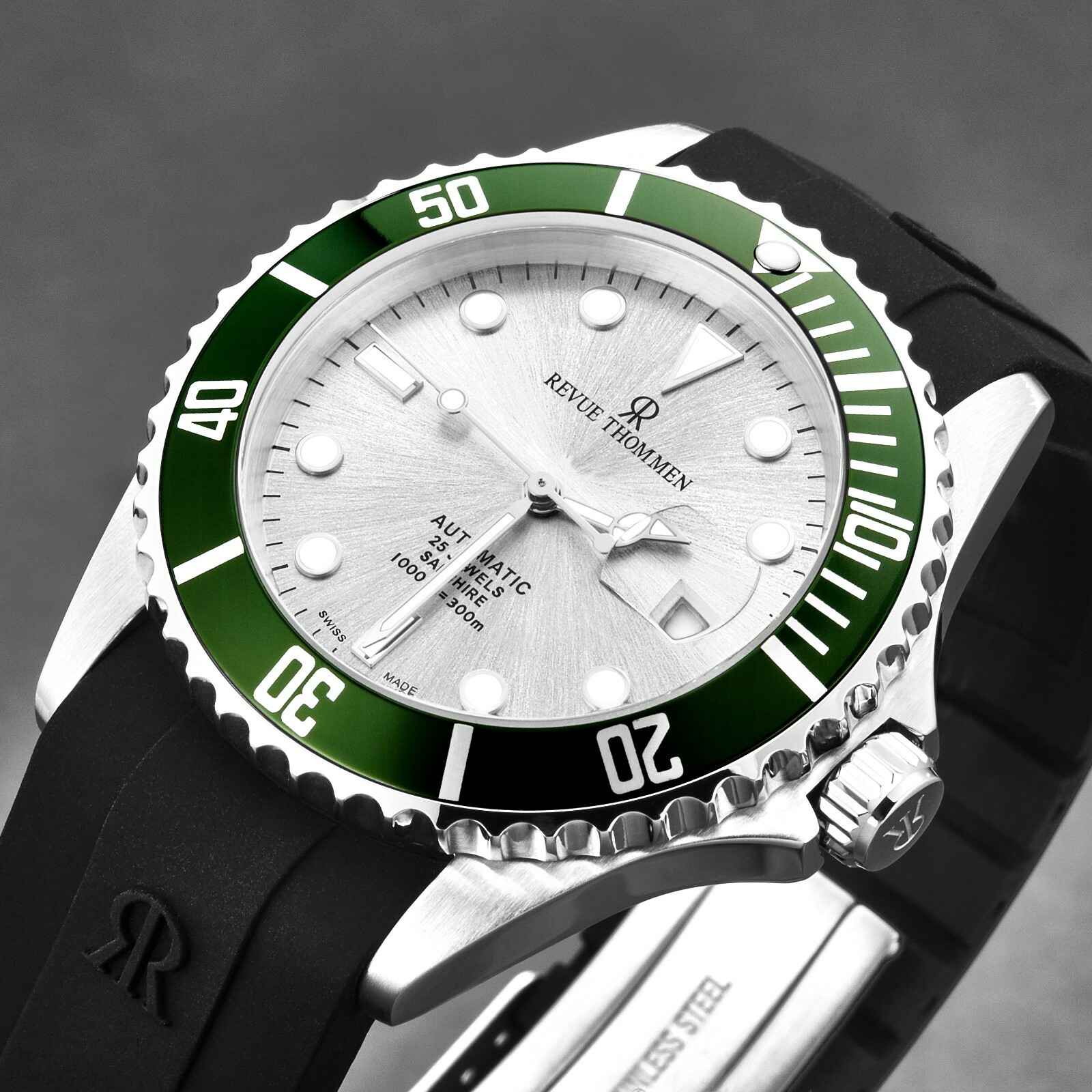 Pre-owned Revue Thommen 's Men's Diver Silver Dial Rubber Strap Automatic Watch 17571.2824