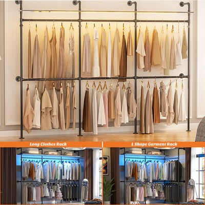 Reversible 118.3'' Industrial Pipe Clothing Rack Closet Wardrobe Rack with LED