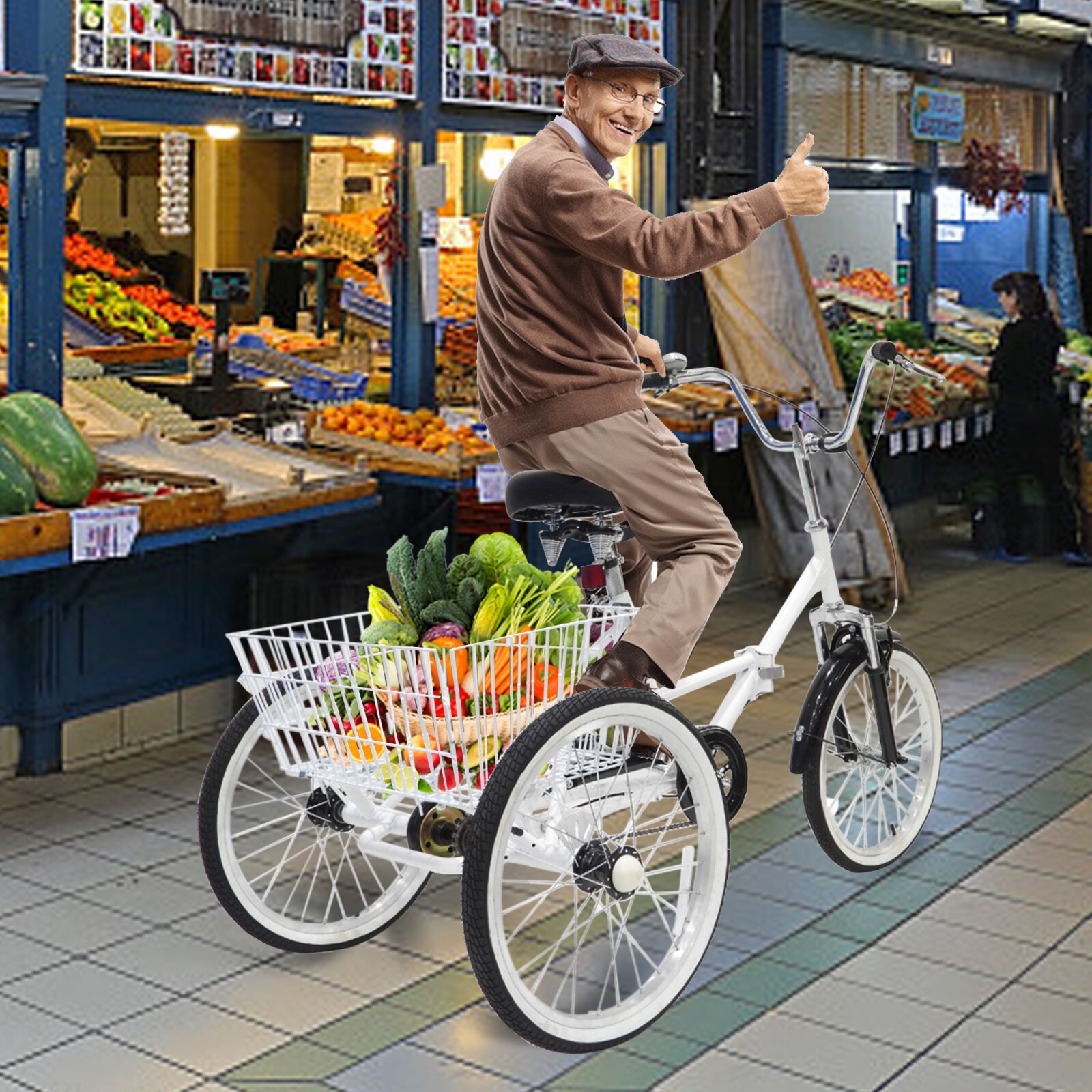 Foldable Adult Tricycle 24''Folding 7-Speed 3 Wheel Bikes w/ Shopping Basket