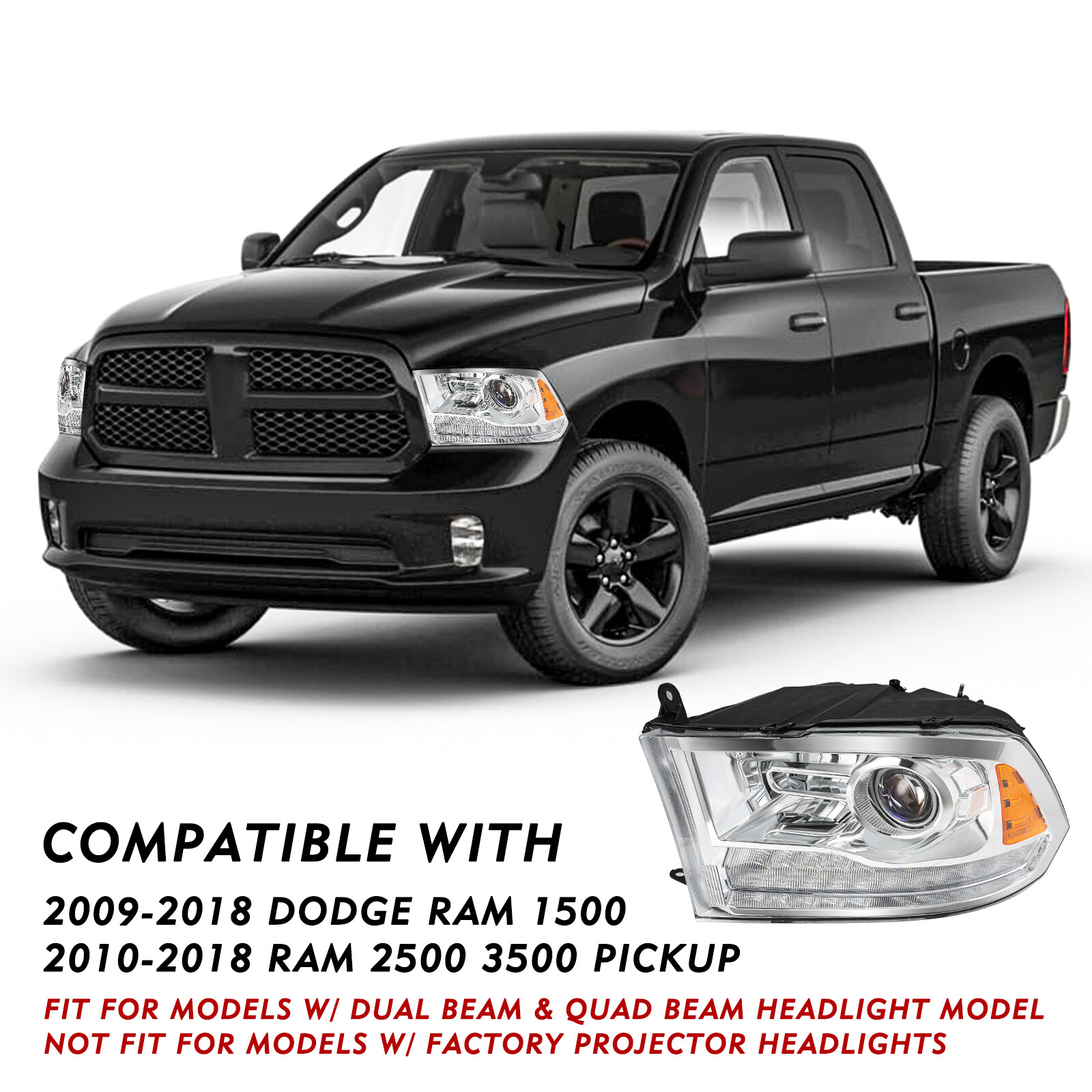 Pair Chrome Projector Headlight w/ Switchback LED Signal for 2009-2018 Ram 1500