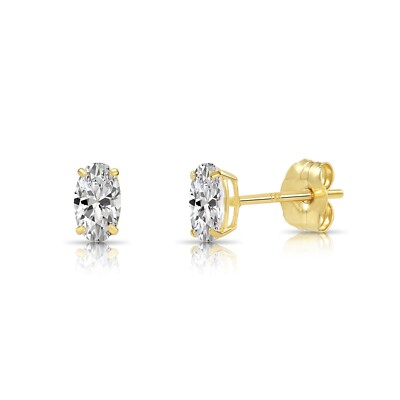 14K Real Solid Gold Solitaire Oval CZ Sleeper Studs Earrings Push-back 5mm 6mm