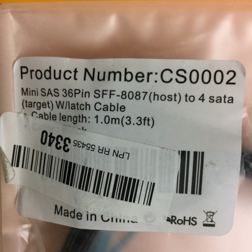 Mini SAS 36PIN SFF-8087 (host) to 4 sata (target) w Latch Cable 1.0M 3.3FT