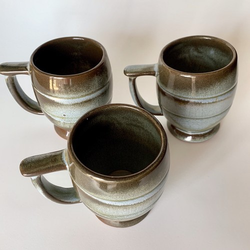 Rare Vintage Frankoma Set Of 3 Coffee Mugs Plainsmen Prairie Green Footed Base