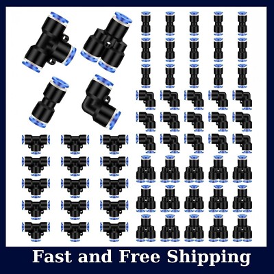 60 Pcs Push to Connect Fittings Air Line Pneumatic Kit Quick Release 1/4'' Od,NEW