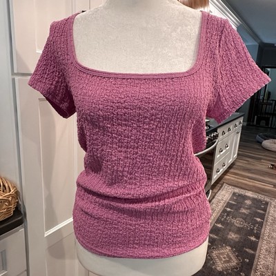 Old Navy Womens Square Neck Short Sleeve Crinkle Top Tee M Pink Stretch Modern