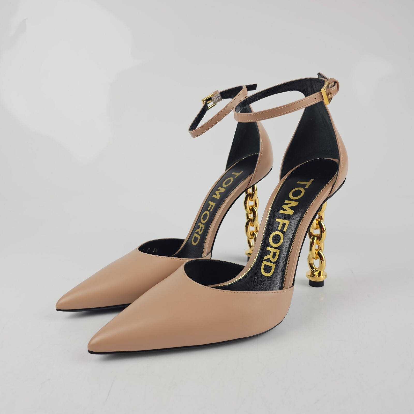 TOM FORD Padlock 105mm Beige Chain Heel Leather Pumps New TOM FORD Padlock 105mm Beige Chain Heel Leather Pumps New