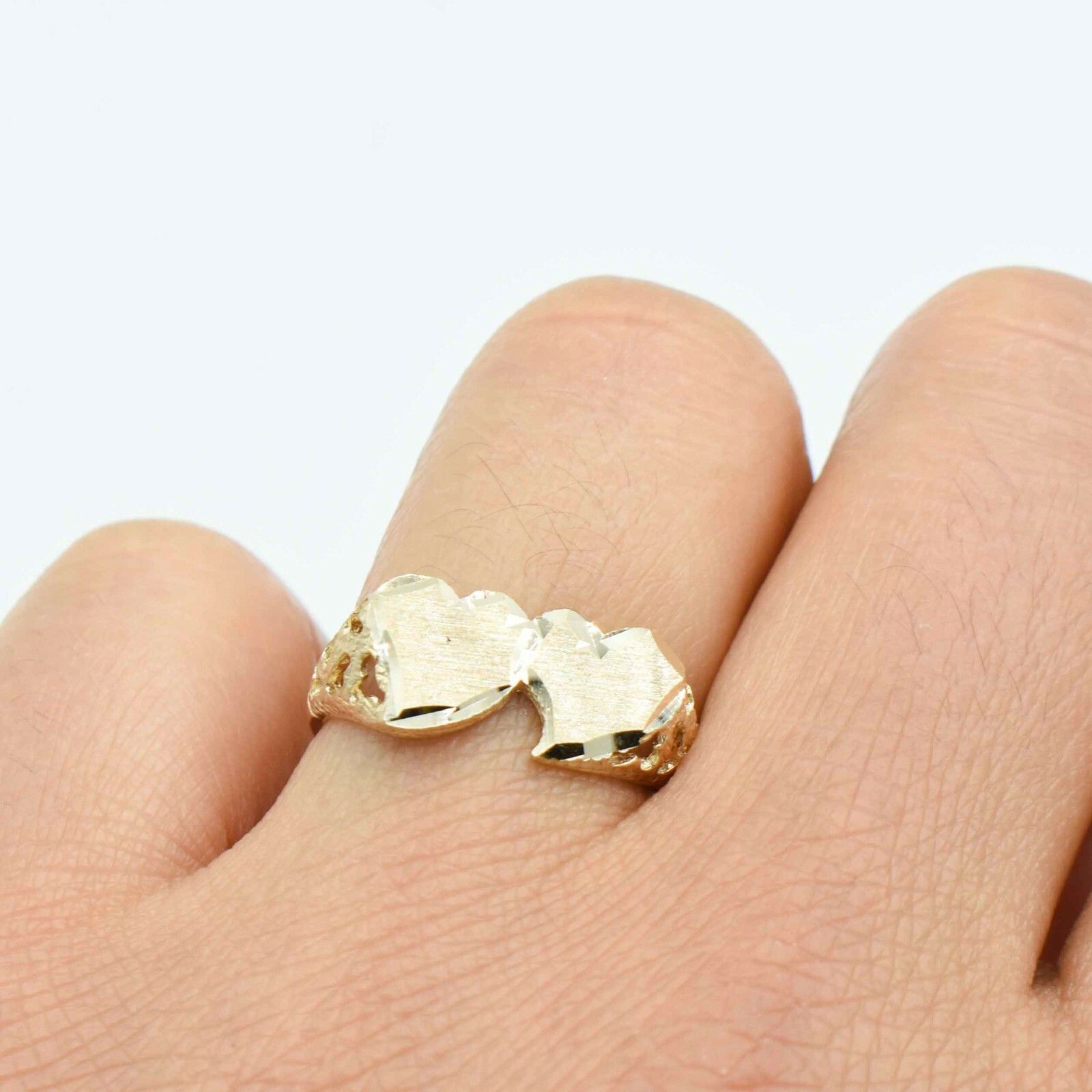 Pre-owned Bayam Satin Finish Double Heart With Textured Sides Ring Real Solid 10k Yellow Gold