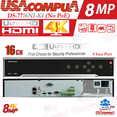 Hikvision 16ch 4K 4SATA H.265 DS-7716NI-K4 Embedded NVR VCA HDMI VGA HMDI No POE