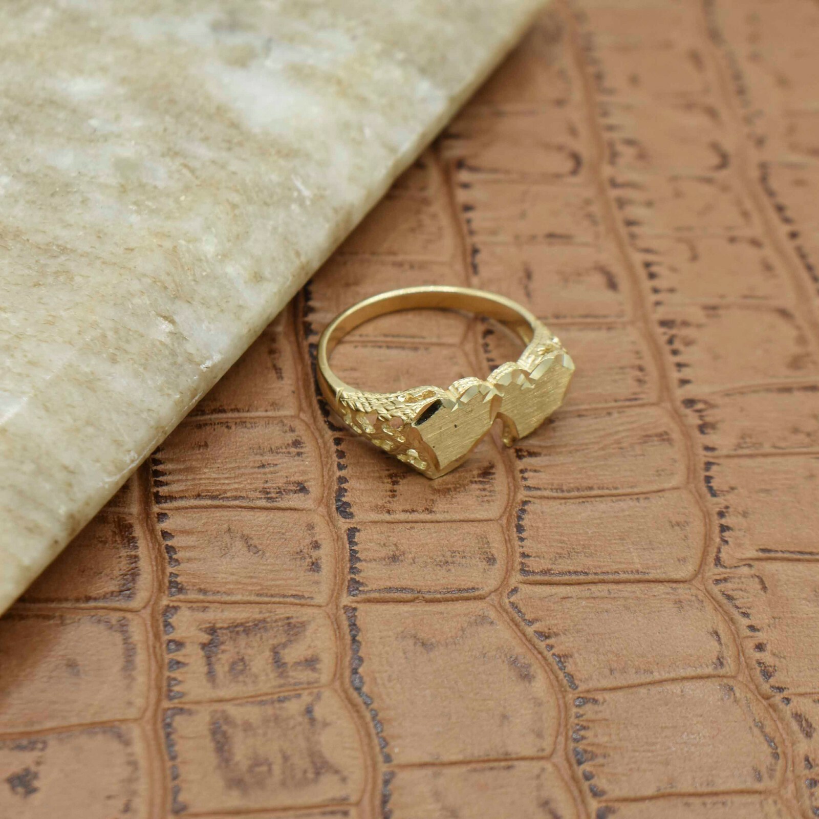 Pre-owned Bayam Satin Finish Double Heart With Textured Sides Ring Real Solid 10k Yellow Gold