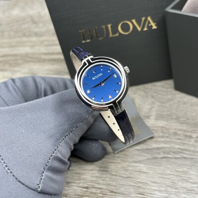 NEW  Bulova Rhapsody Diamond Markers Blue Leather Women's Watch 30MM 96P212 $350