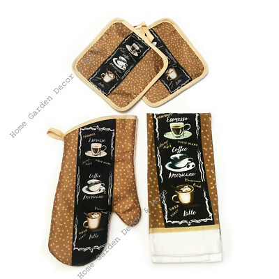 4 PIECE SET Kitchen Towel Oven Mitt Pot Holders Coffee Cup Bean Cafe Latte Brown