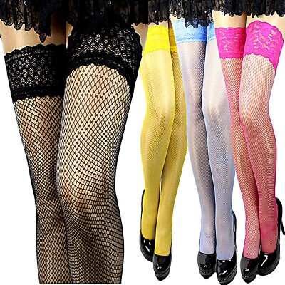 Halterlose Netz Strümpfe mit Spitze 15 Farben Netzstrümpfe Gr. S-XXL 36-48 Naht