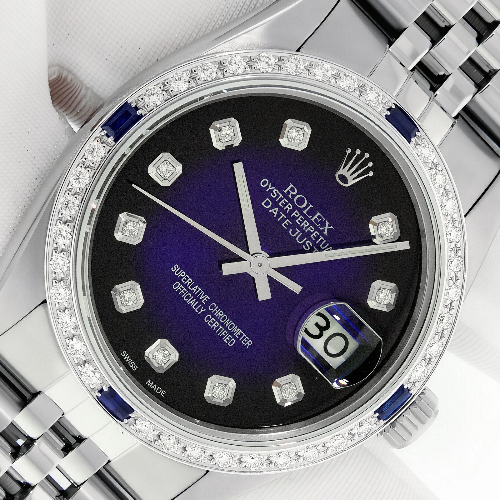 MENS ROLEX JUBILEE DATEJUST BLUE DIAMOND DIAL, DIAMOND BEZEL WATCH