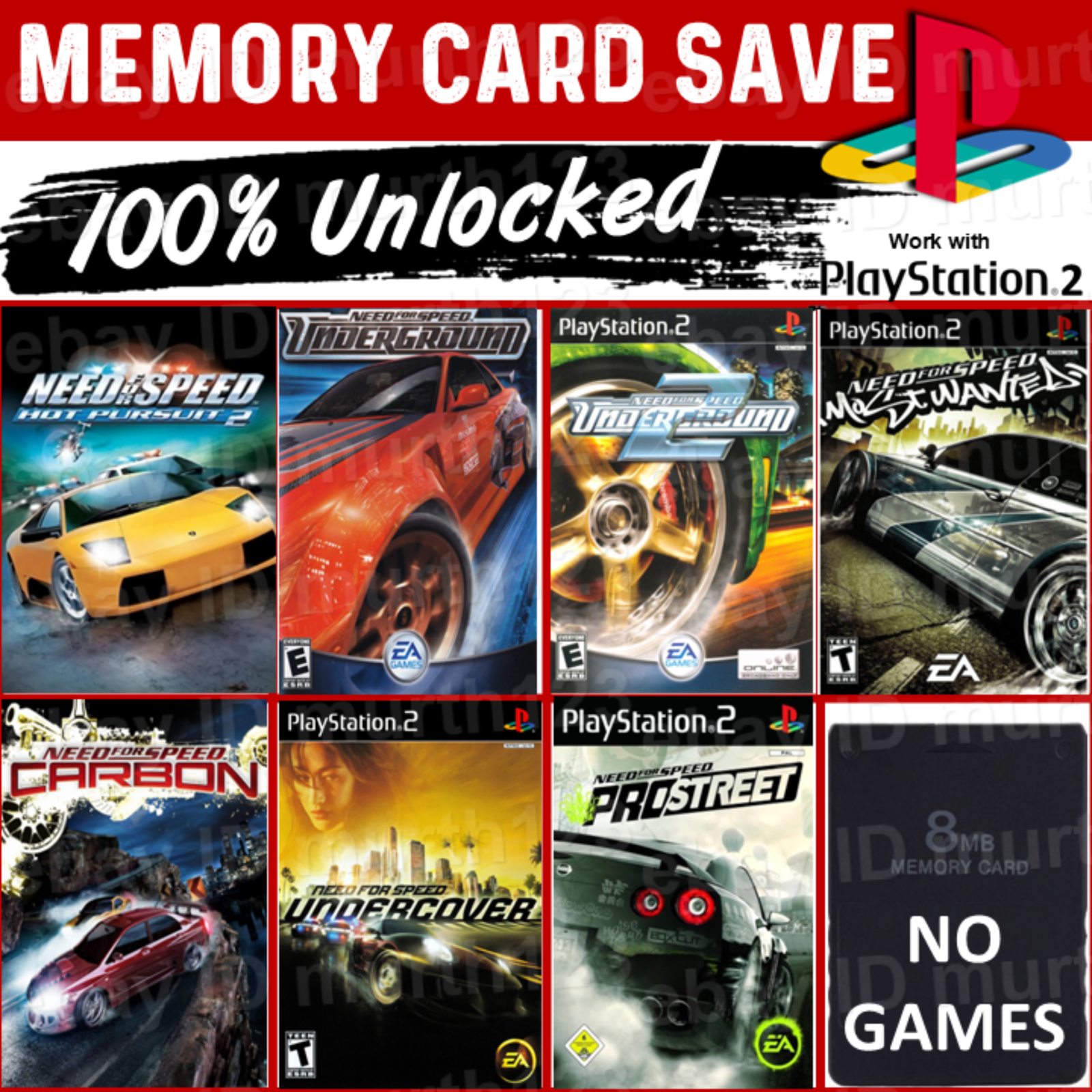 Need For Speed 100% Save Pack 8MB PS2 Memory Card Unlocked Complete 2024