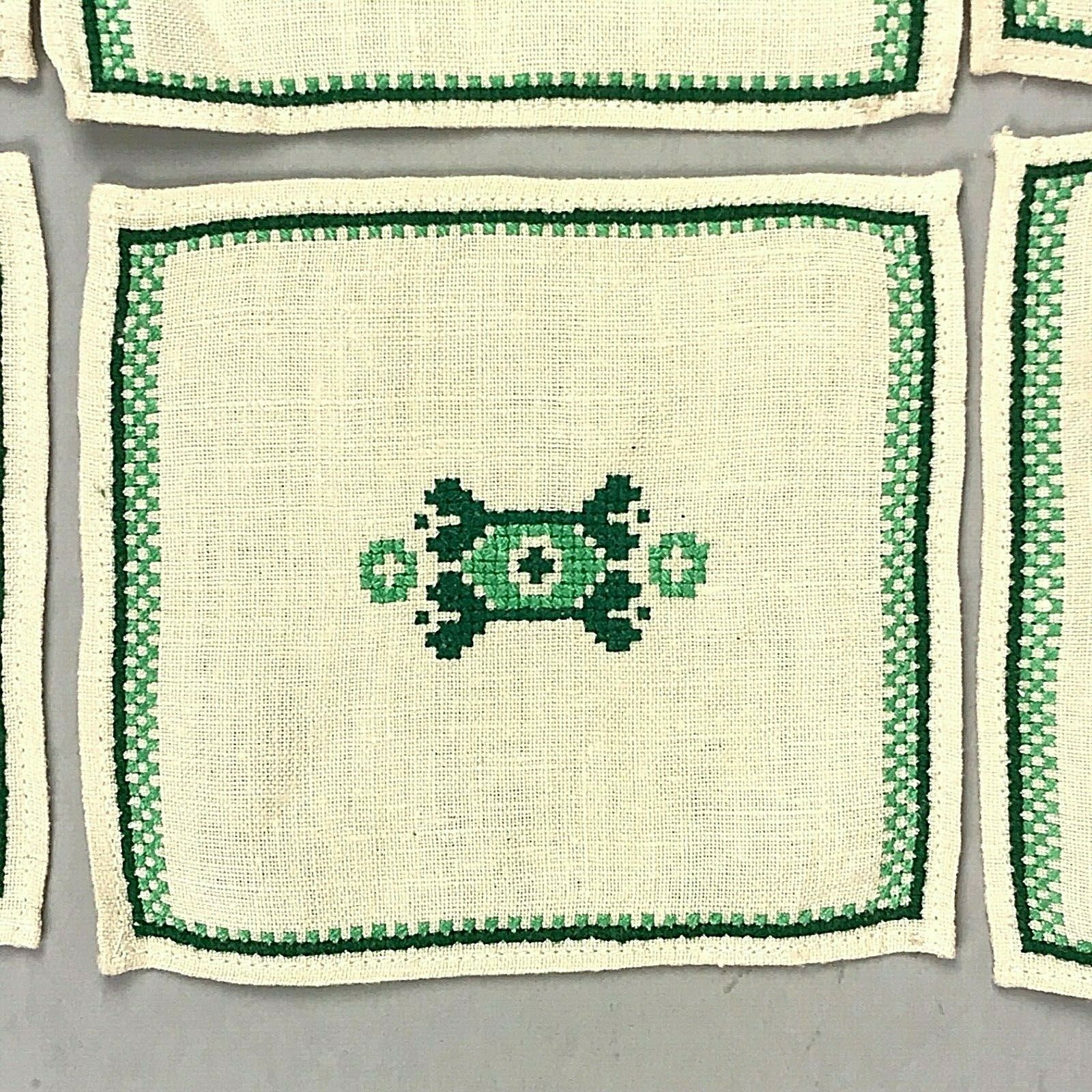 Vintage Linen Coasters Embroidered Cross Stitch Set of 6 Ivory Green