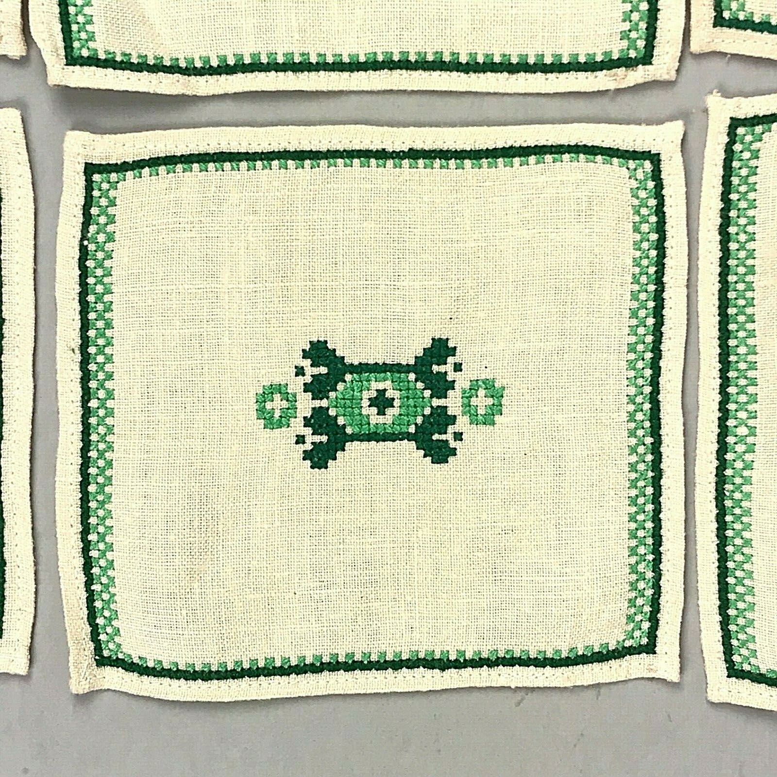 Vintage Linen Coasters Embroidered Cross Stitch Set of 6 Ivory Green