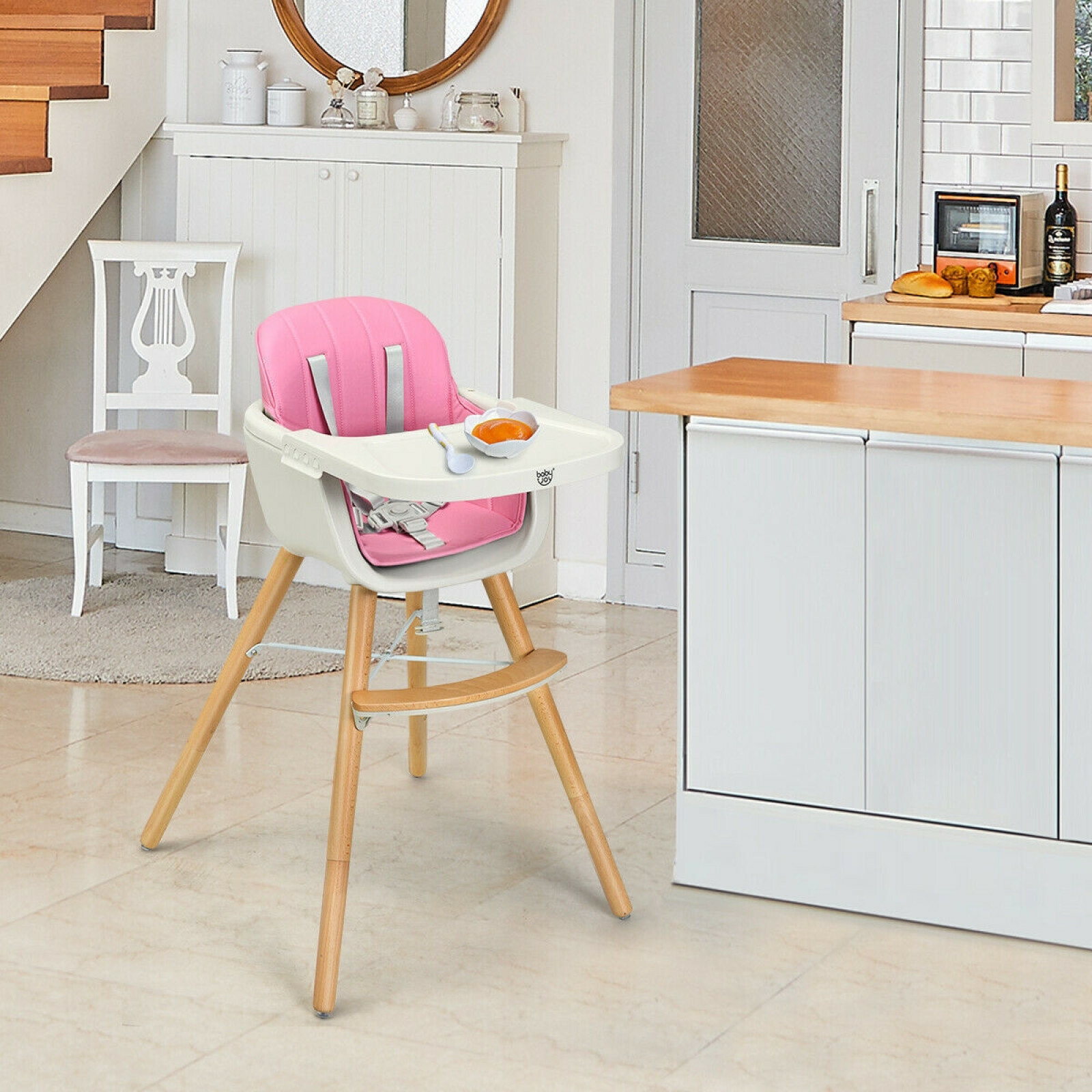 pink wooden high chair