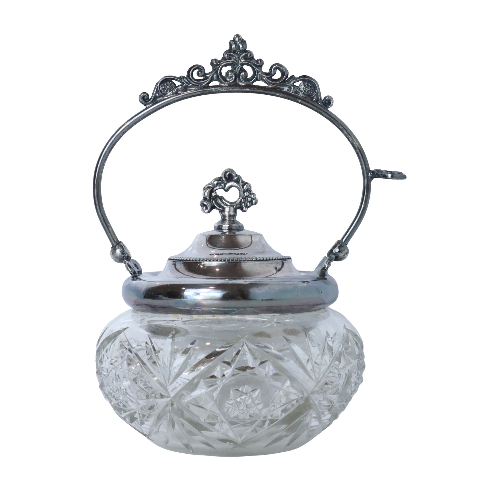 Antique Cut Crystal Biscuit Jar Bowl Silver Plate Starburst Pattern Victorian