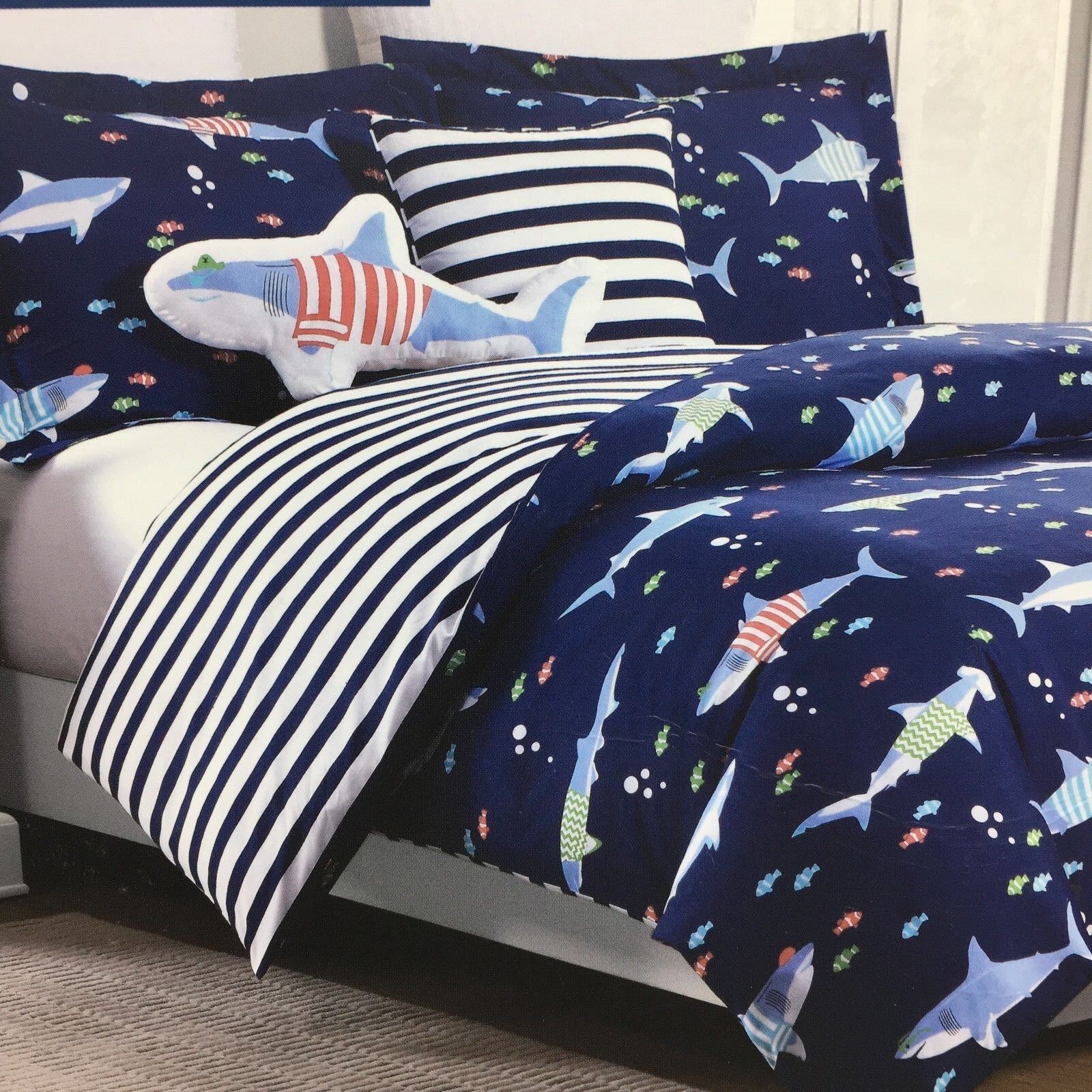 7pc Shark TWIN Comforter Sheet Set Ocean Nautical Blue Designe...