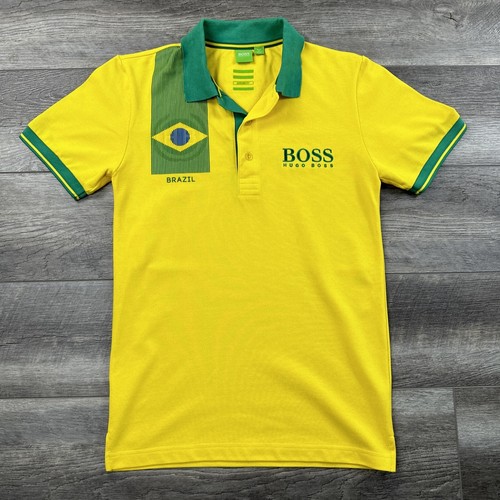 Hugo Boss Polo Shirt Mens Medium Yellow Modern Fit Brazil Embroidered Casual*