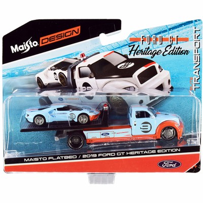 Maisto 1/64 Scale Model Cars 2019 Ford GT #9 Heritage Edition with Flatbed Truck