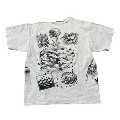 Vintage 1991 M.C. Escher T-Shirt Size L White 90s Dutch Artworkの
