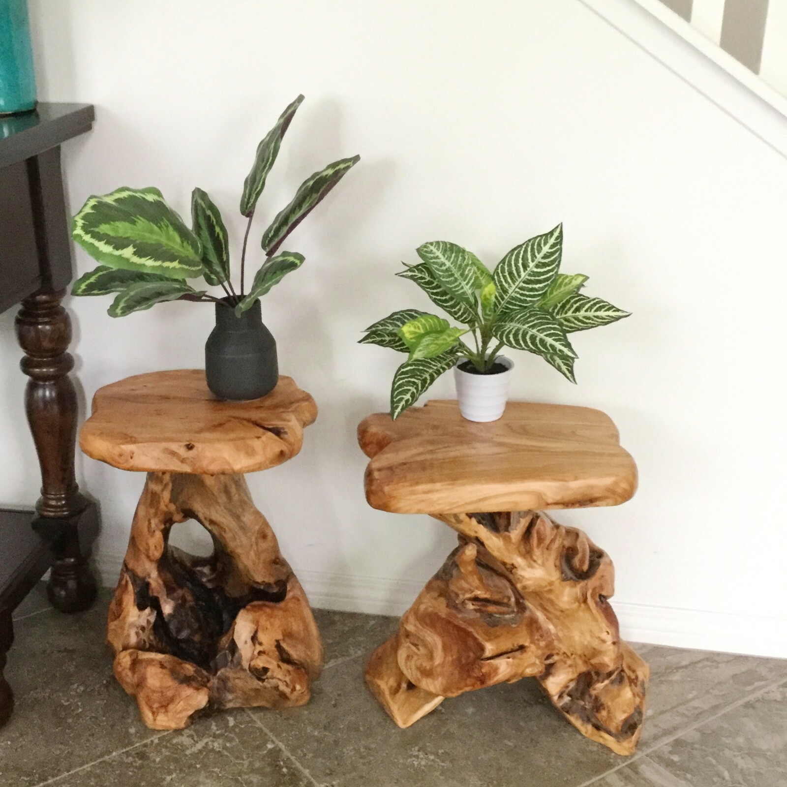 Rustic Cedar Roots Flower Stand Stool, Tree Stump Stool Side Table 19.5" H