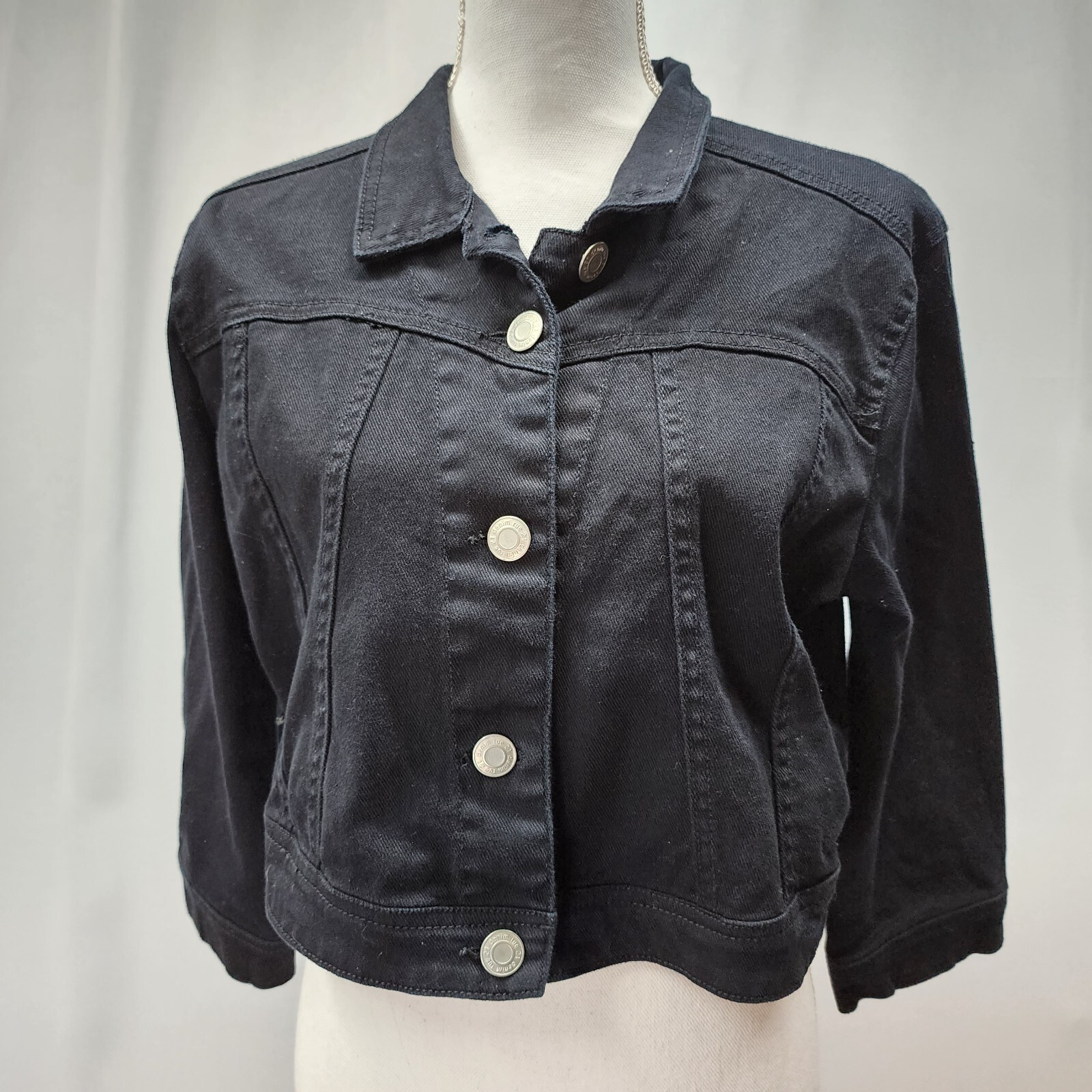 Forever 21  Jean Jacket JR Size XL Black Denim Cropped Women's 3/4 Sleeve Cotton