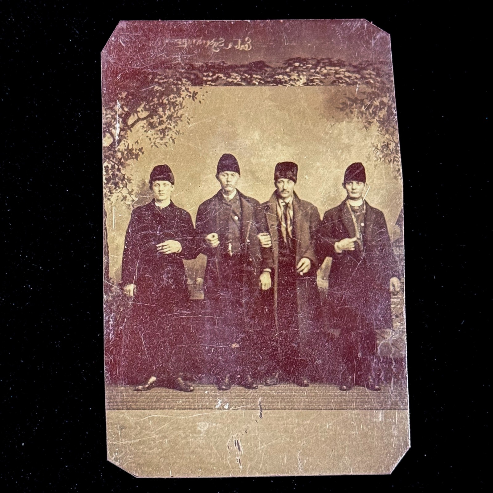 Vtg Tintype 4 Men Linked Arms Matching Hats Folk Studio Portrait Americana