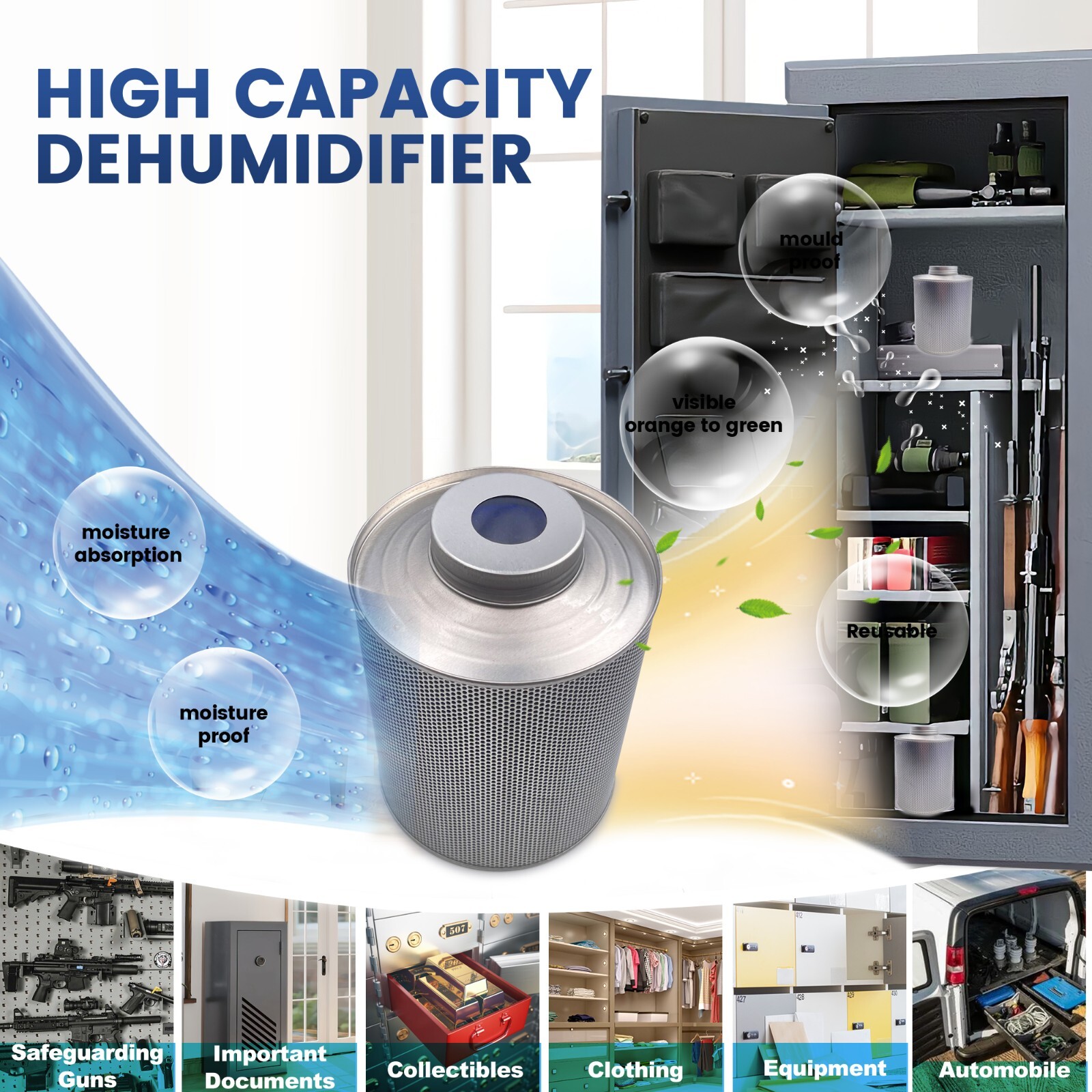 800 Grams Silica Gel Reusable Canister Desiccant, 3 Pack Gun Safe Dehumidifier