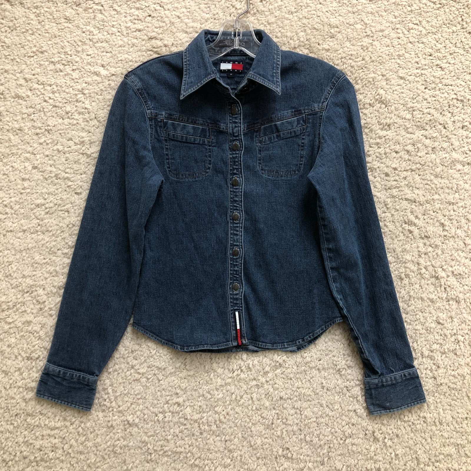 VINTAGE Tommy Hilfiger Jeans Top Shirt Medium Blue Denim Cropped Button Up Women