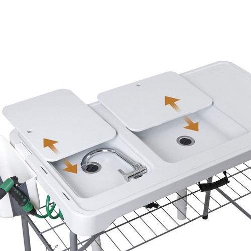 Fish Cleaning Table w/Dual Sink Portable Folding Camping Table w/Swivel Faucet