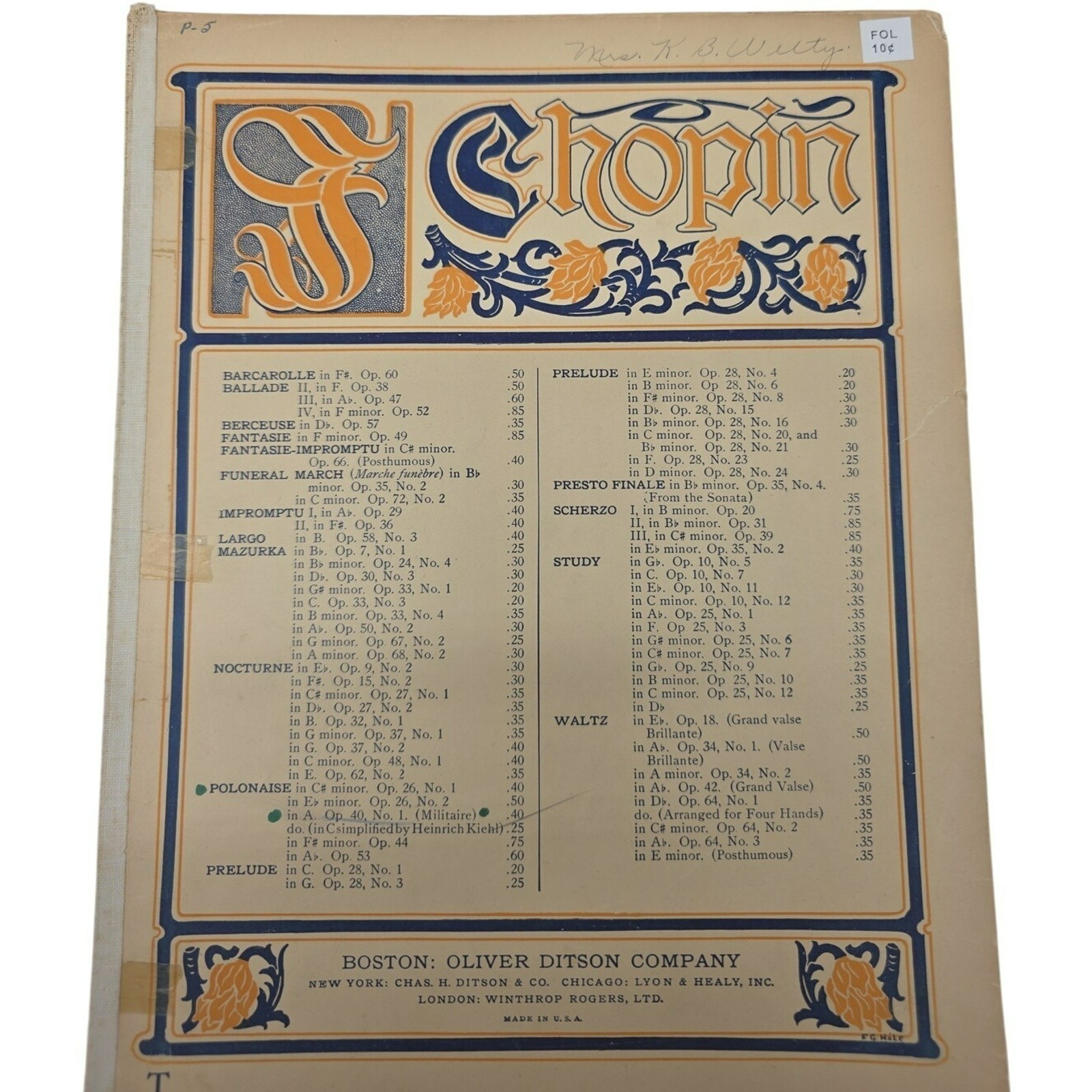 Chopin Oliver Ditson Company Vintage Sheet Music