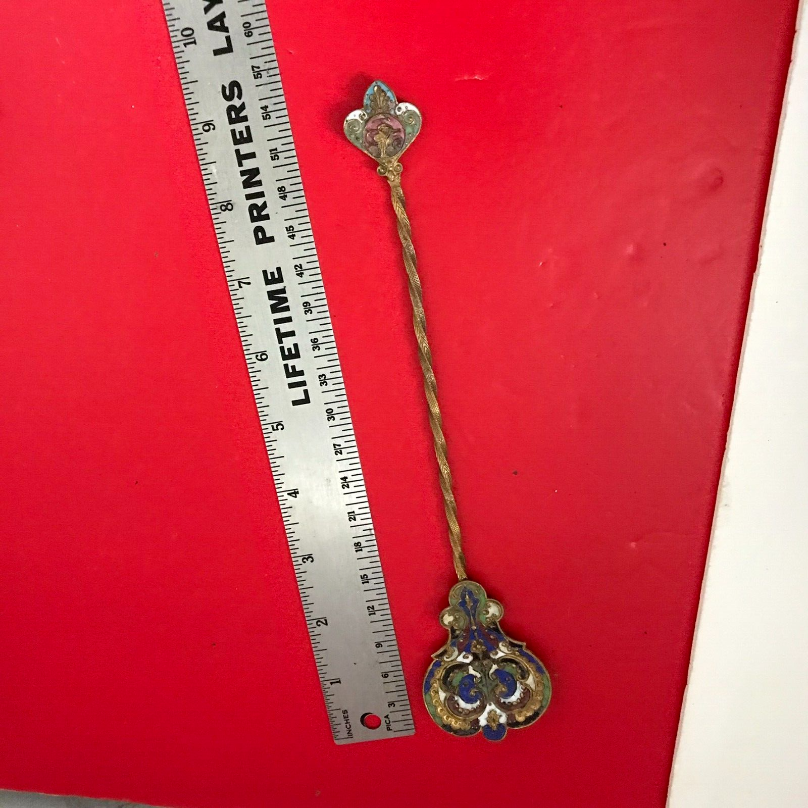 Vintage 19th Century French Champleve Enamel and Gilt Brass Spoon Stirrer 9.25"L