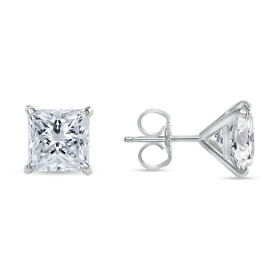 Pre-owned Shine Brite With A Diamond 4 Ct Princess Cut Earrings Studs Real Solid 14k White Gold Push Back Martini In White/colorless