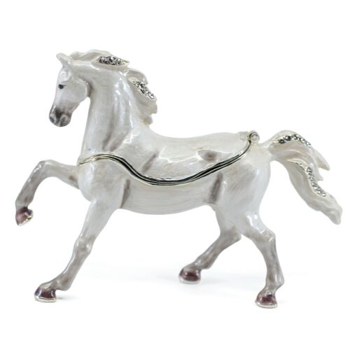 Bejeweled Enameled Pewter White Stallion Horse Trinket Box With Crystals 4.25"L