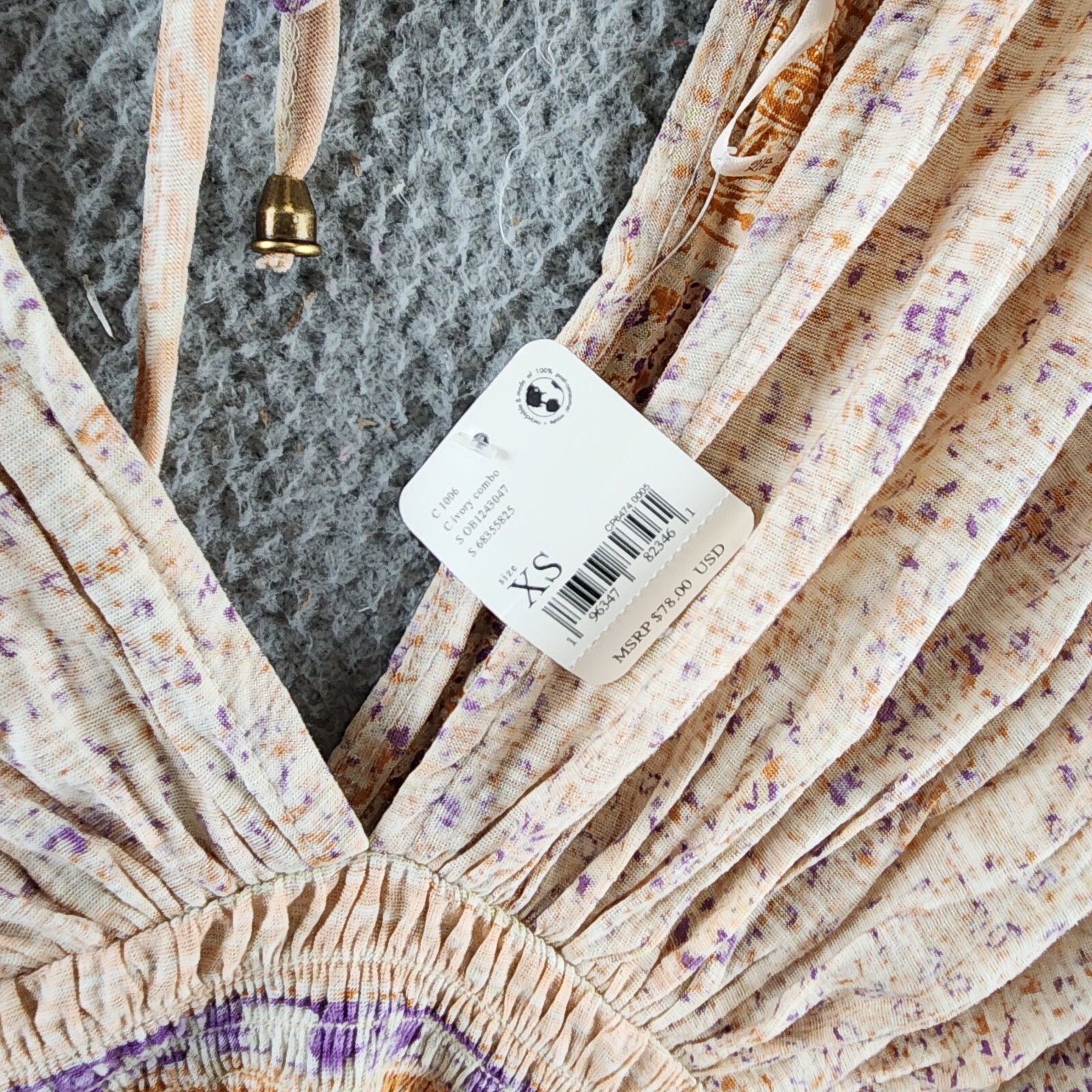 Free People Next Vacation Top Women's XS Ivory Combo Floral V-Neck Tie Closure - Picture 19 of 20