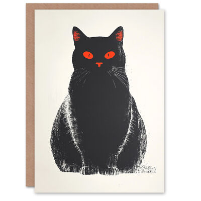 Spooky Creepy Black Cat Red Eye Trick or Treat Scary Haunted Halloween Card
