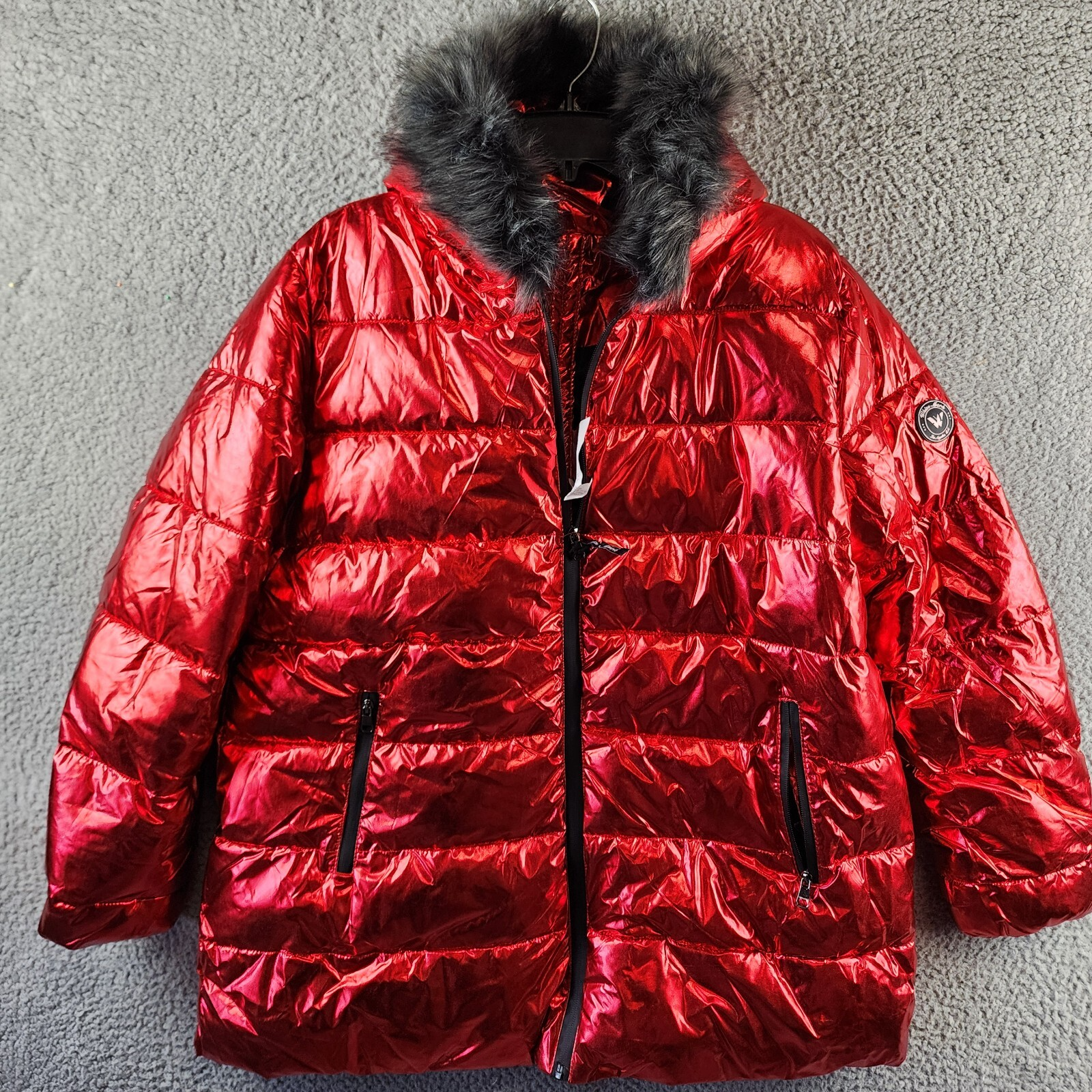 White Mark Plus Size Metallic Puffer Coat with Hoodie Womens 1XL Red Zip Closure - Picture 2 of 17