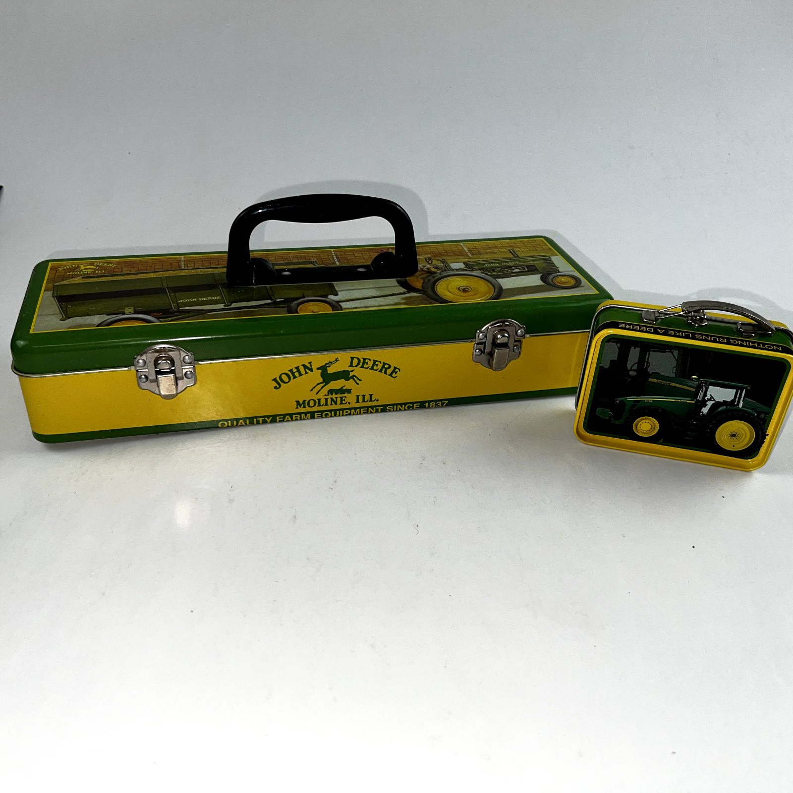 New John Deere Tool Box & Mini Lunch Box Miline, IL Advertising Woman on Tractor