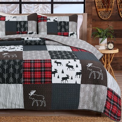 Rustic Lodge Moose Cabin Real Patchwork Reversible Quilt Set Bedspread Coverlet
