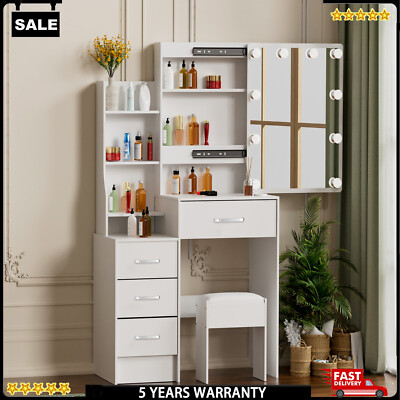 Vanity Table Set Dresser desk Sliding Mirror&Stool for Girl 4 Drawer 10Led Bulbs