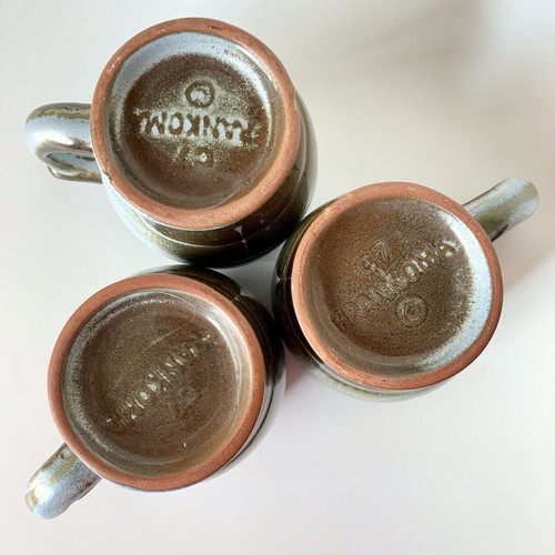 Rare Vintage Frankoma Set Of 3 Coffee Mugs Plainsmen Prairie Green Footed Base