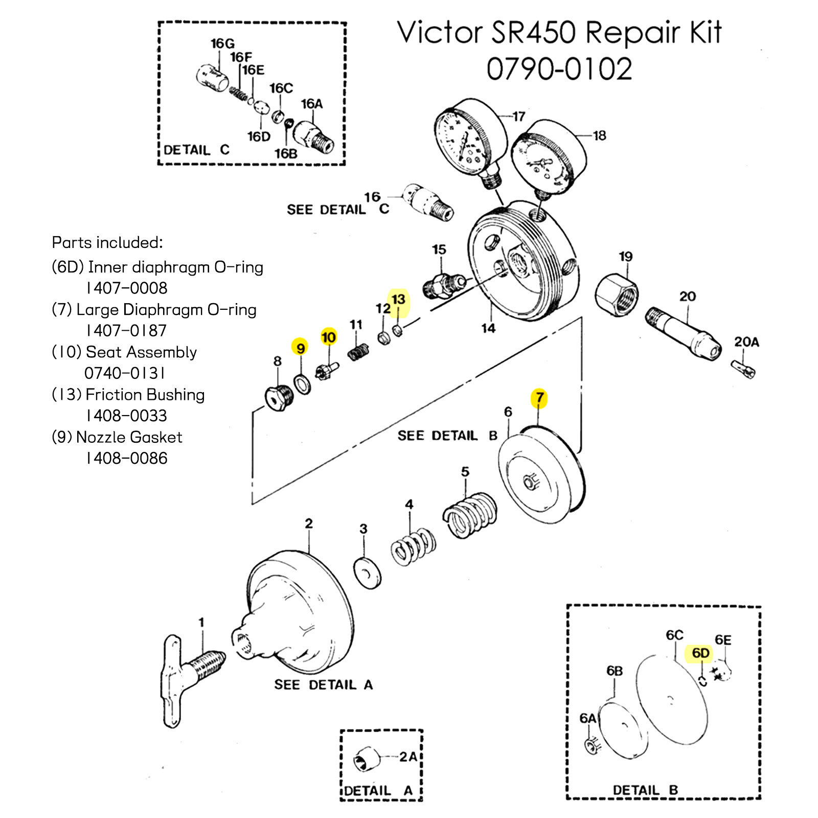 Victor SR450 Repair Kit Oxygen Regulator Rebuild Parts Kit 0790-0102 SR450D