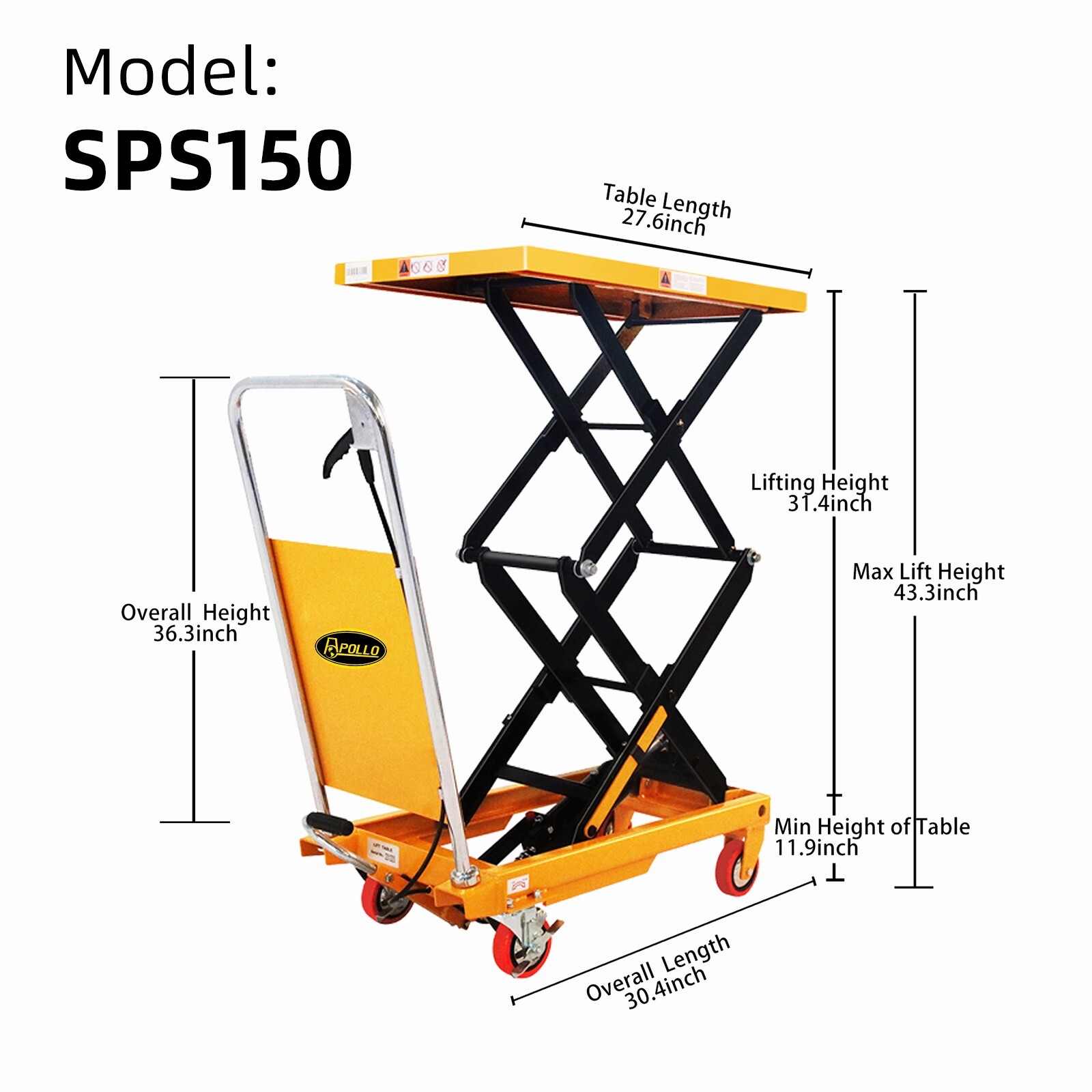 APOLLOLIFT Double Scissor Hydraulic Lift Table Cart Manual Platform 330lbs 43.3"